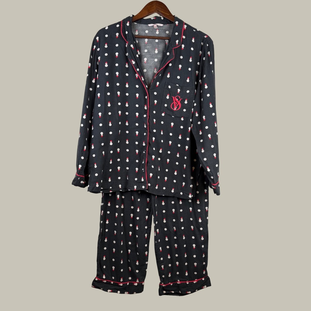 Victoria's Secret Snowman Polka Dot Pajama Set Women L Black Holiday Cozy PJs